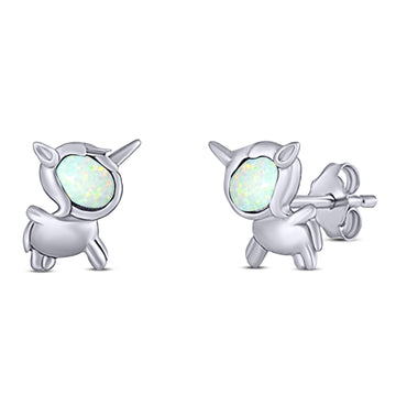 Unicorn Stud Earring Created White Opal Solid 925 Sterling Silver (9.8mm)